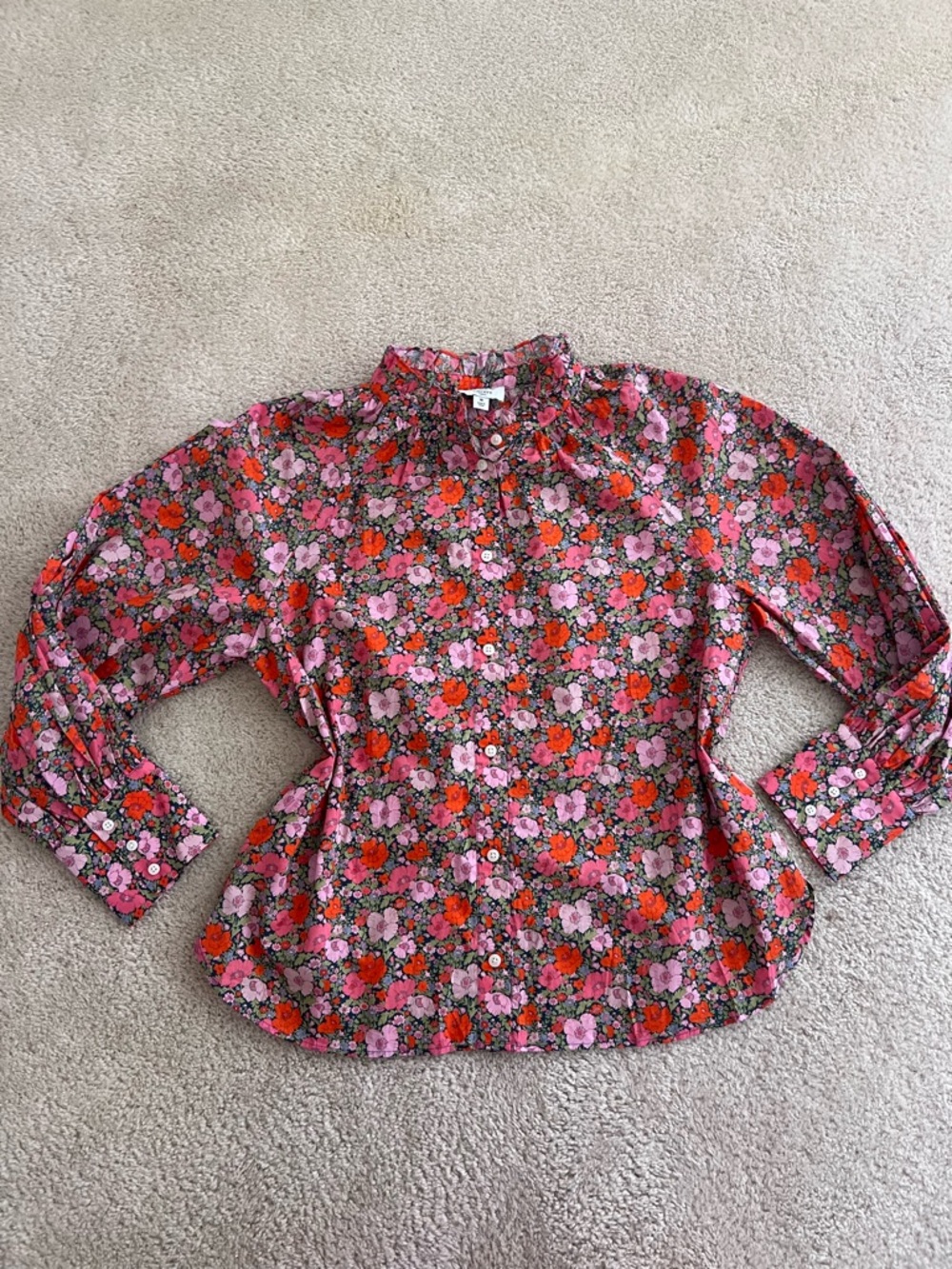 J. Crew Pink & Red Floral Ruffled-Neck Button Down Long Sleeve Top 16 EUC